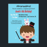 Invitation Magicien Boy Kids Magique Birthday Party<br><div class="desc">Un invitation pour accompagner votre fête d'anniversaire de magie ! Il a un mignon petit garçon dans un costume magicien de gilet en tailleur noir et de cravate arc rouge avec une baguette magique dans la main. Il a un petit lapin blanc sur les cheveux près du casquette magique. Idéal...</div>