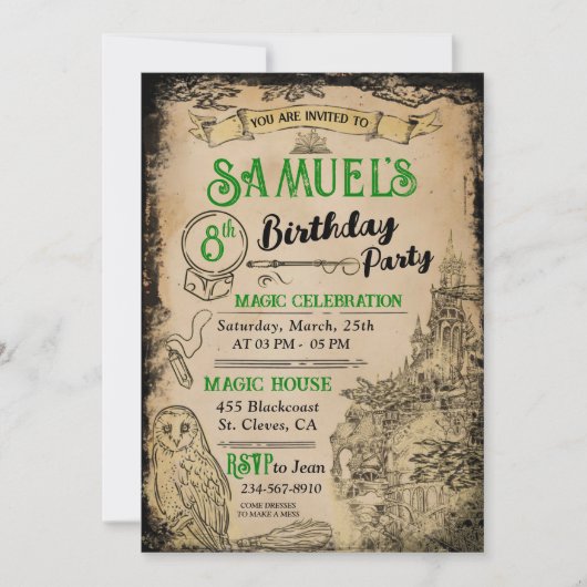 Invitation Magicien Green Anniversaire Party (Devant)