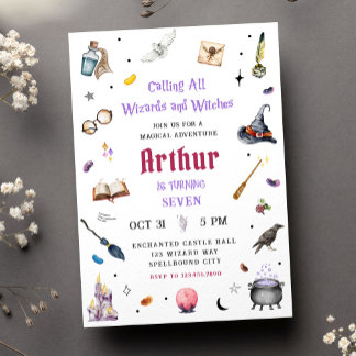 Invitation Magie aquarelle Anniversaire Sorciers et Sorcières