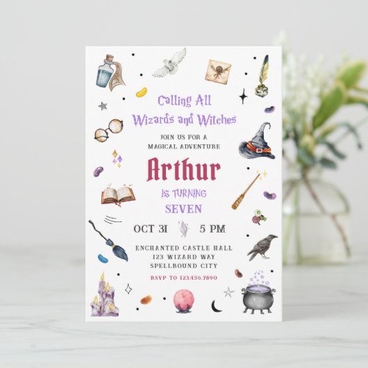 Invitation Magie aquarelle Anniversaire Sorciers et Sorcières (Debout devant)