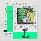 Invitation MAGIE DU PRINTEMPS ,jaune vif  noir vert (Devant / Derrière)