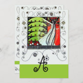 Invitation MAGIE DU PRINTEMPS ,rouge noir blanc vert vif (Devant / Derrière)