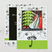 Invitation MAGIE DU PRINTEMPS ,rouge noir blanc vert vif (Devant / Derrière)