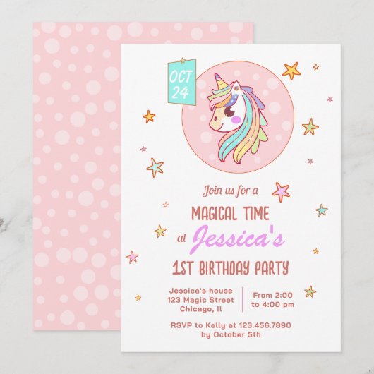 Invitation Magie Heure Rainbow Baby Unicorn premier anniversa (Devant / Derrière)