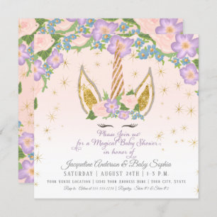 Invitation Magie Stars Baby Girl Shower Unicorn Horn Floral