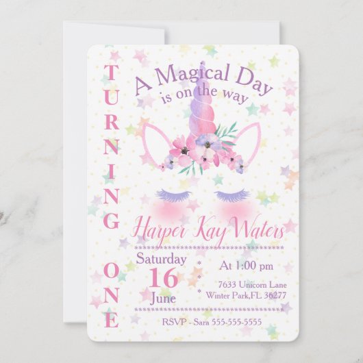 Invitation magique à l'anniversaire de l'Unicorne (Devant)