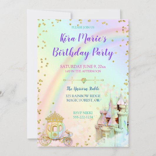 Invitation Magique Arc en Ciel Princesse Castle Carriage Unic (Dos)