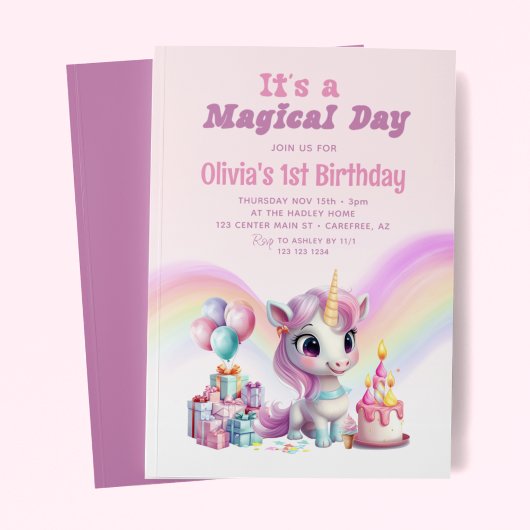 Invitation Magique Arc en Ciel Unicorne Filles Anniversaire