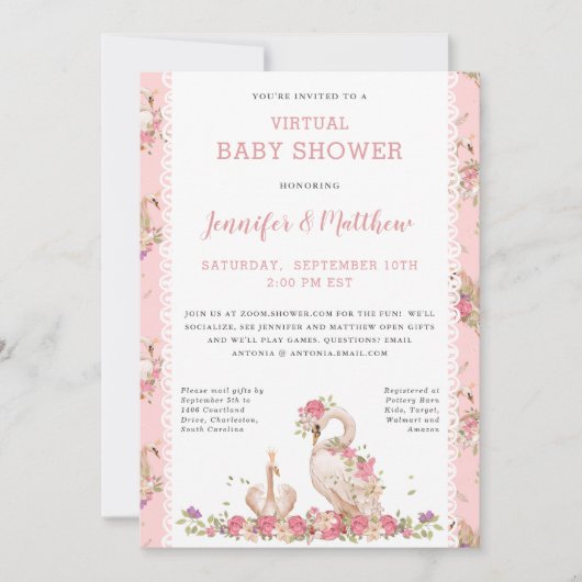 Invitation Magique Bébé Swan Princess Baby shower rose floral (Devant)
