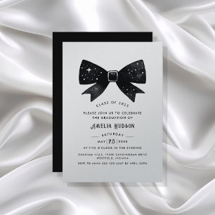 Invitation Magique Black Bow Silver Shimmer Graduation Party