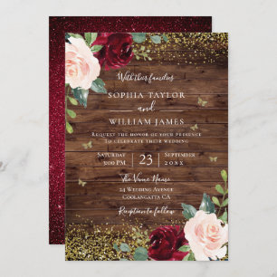 Invitation Magique Blush & Bourgogne Floral Rustic Mariage