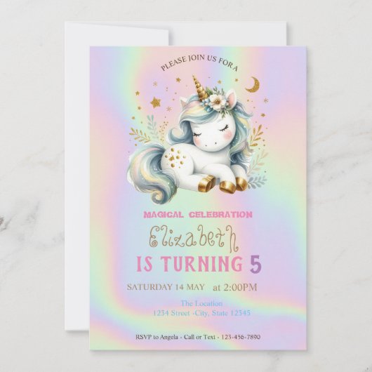Invitation Magique Chic Licorne Anniversaire Holographique Ar (Devant)