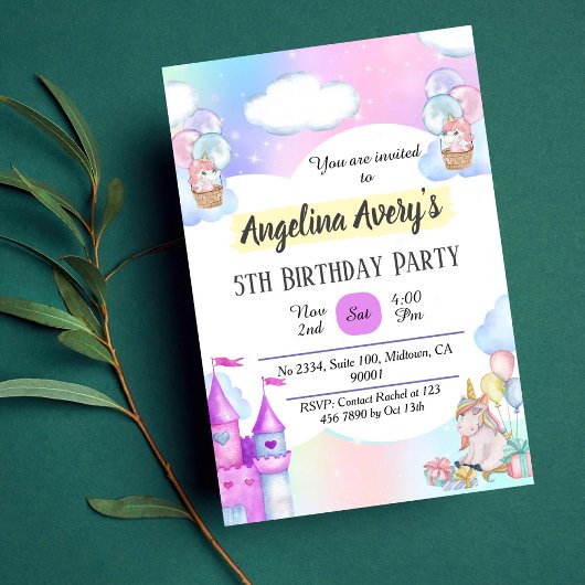 Invitation Magique couleur violet bleu Unicorn 5e anniversair
