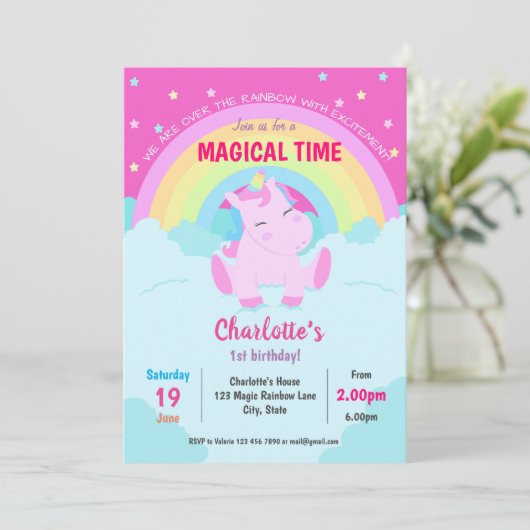 Invitation Magique Cute Unicorn Anniversaire (Debout devant)