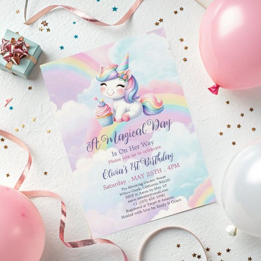 Invitation Magique Cute Unicorn Arc-en-ciel 1er anniversaire
