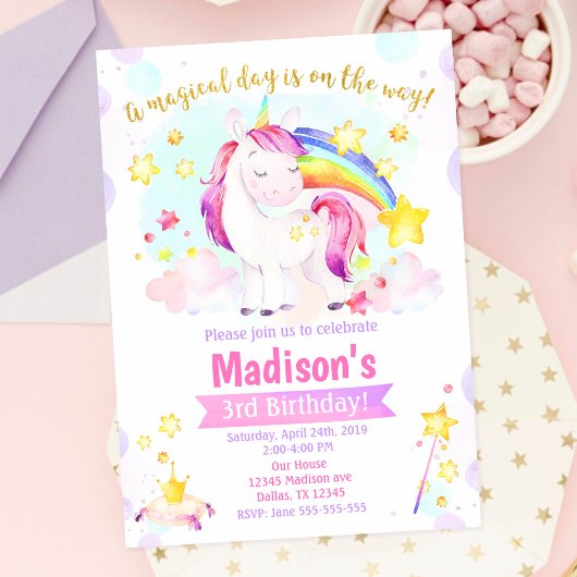 Invitation magique de fête d'anniversaire Licorne