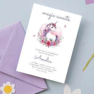 Invitation Magique Floral Unicorn Girlie fête d'anniversaire