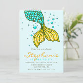 Invitation Magique Mermaid Tail Turquoise et or Anniversaire (Debout devant)