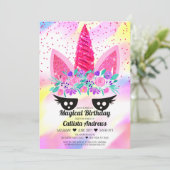 Invitation Magique Neon rose Unicorne Parties scintillant flo (Debout devant)