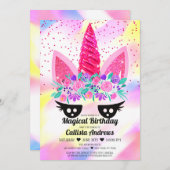 Invitation Magique Neon rose Unicorne Parties scintillant flo (Devant / Derrière)