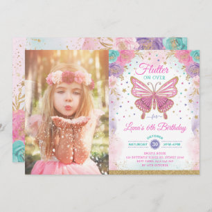 Invitation Magique Papillon rose violet or fée Anniversaire