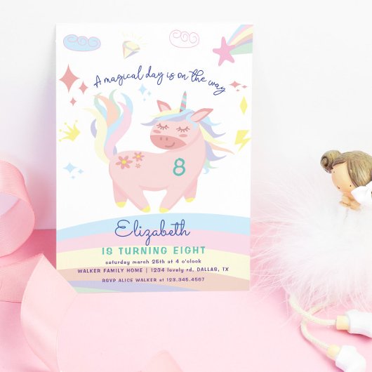 Invitation Magique Pastel Rainbow Cute Unicorn Anniversaire