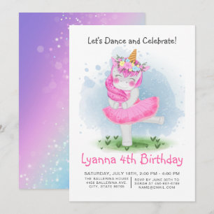 Invitation Magique Pink Tutu Danse Unicorn Anniversaire