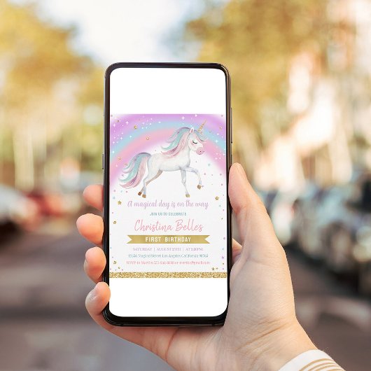 Invitation Magique Rainbow Unicorn 1er anniversaire
