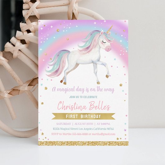 Invitation Magique Rainbow Unicorn 1er anniversaire