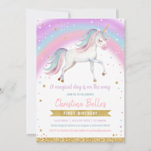 Invitation Magique Rainbow Unicorn 1er anniversaire (Devant)