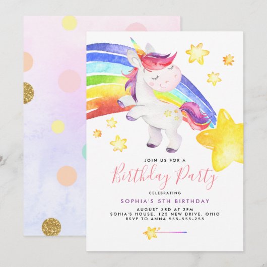 Invitation Magique Rainbow Unicorn aquarelle fête d'anniversa (Devant / Derrière)