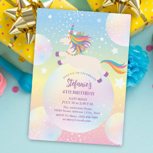 Invitation Magique Rainbow Unicorn Fille fête d'anniversaire