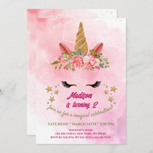 Invitation Magique Rainbow Unicorn Gold Parties scintillant f (Devant / Derrière)