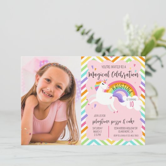 Invitation Magique Rainbow Unicorn Photo Anniversaire Invitat (Debout devant)