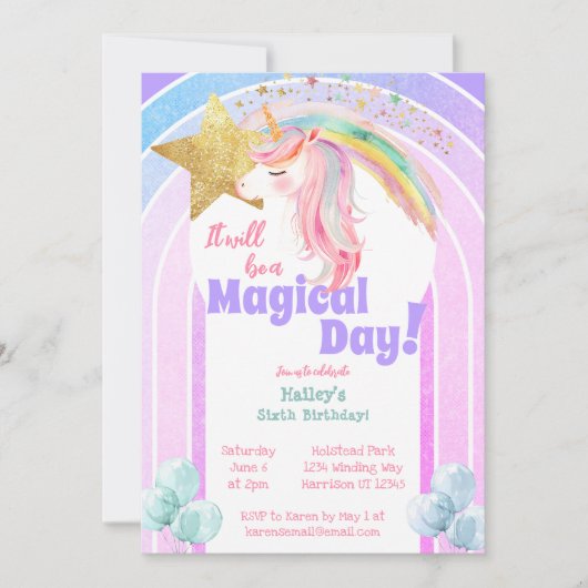 Invitation Magique Rainbow Unicorn sixième anniversaire (Devant)
