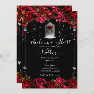 Invitation Magique Rose Rouge Blanc Or Argent Mariage noir
