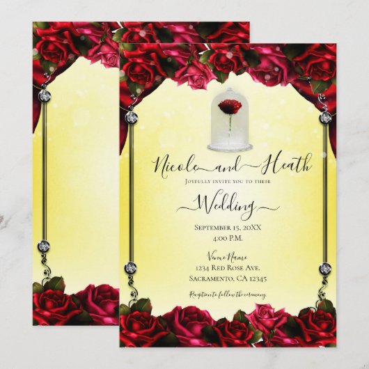 Invitation Magique Rouge Rose Blanc or argent Mariage jaune (Devant / Derrière)