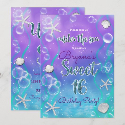 Invitation Magique sous la mer Douce 16 16e fête d'anniversai (Devant / Derrière)
