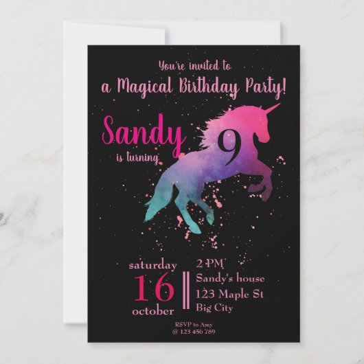 Invitation Magique tendance noir et rose Unicorn Anniversaire (Devant)