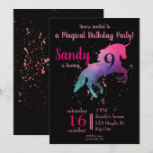 Invitation Magique tendance noir et rose Unicorn Anniversaire (Devant / Derrière)
