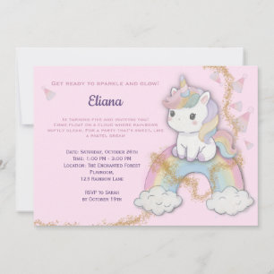 Invitation Magique Unicorn 5e anniversaire Pastel Rainbow