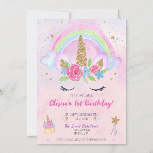 Invitation Magique Unicorn arc-en-ciel 1er anniversaire Invit (Devant)