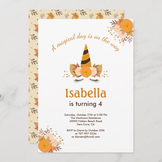 Invitation Magique Unicorn Automne Halloween fête d'anniversa (Devant / Derrière)