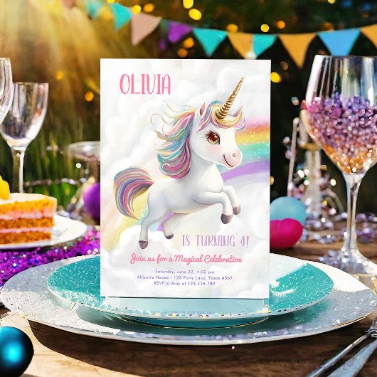 Invitation Magique Unicorn Party Rainbow Girl Pastel Annivers