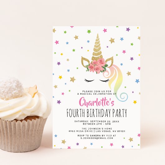 Invitation Magique Unicorn Pastel Gold Fairytale Anniversaire