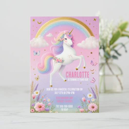 Invitation Magique Unicorn Rainbow Fairytale fête d'anniversa (Debout devant)