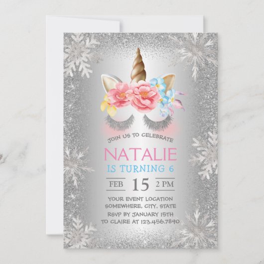 Invitation Magique Unicorn Silver Winter Snowflakes Anniversa (Devant)
