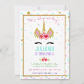 Invitation Magique Unicorne arc-en-ciel Anniversaire rose or  (Devant)