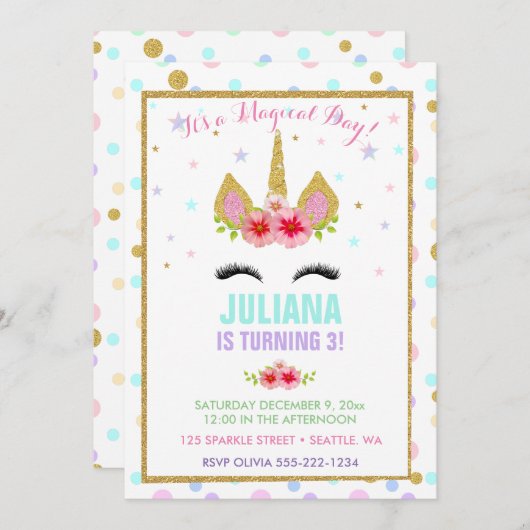 Invitation Magique Unicorne arc-en-ciel Anniversaire rose or  (Devant / Derrière)