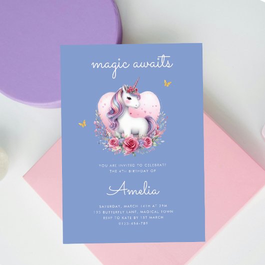Invitation Magique Unicorne rose or élégant Anniversaire